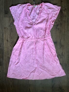 Boden Womens 100% Linen Pink Short Sleeve Shirt Dress Elastic Waist Size 10R